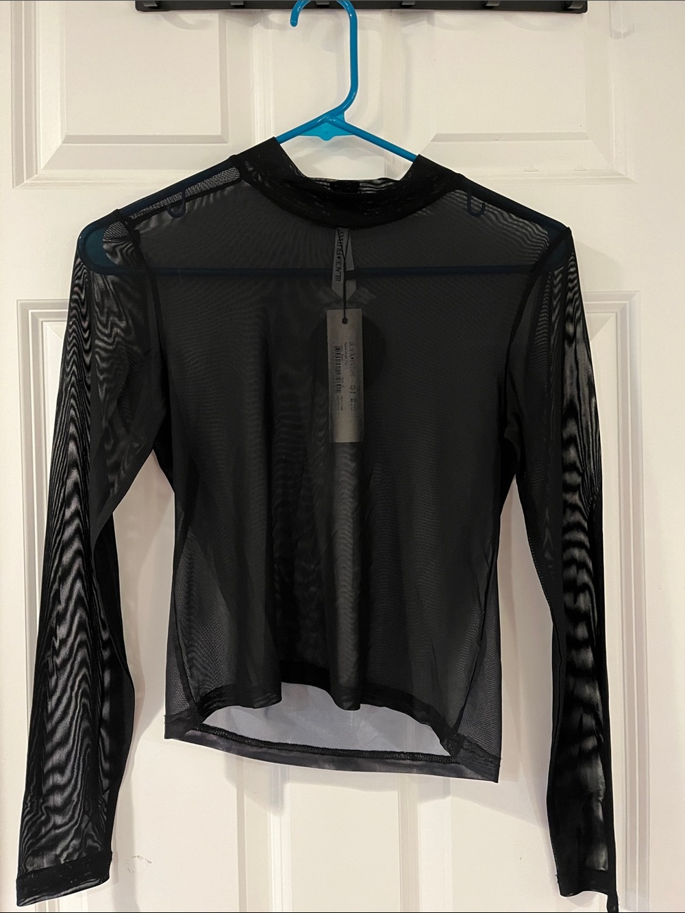 Black Sheer Long-Sleeve Mesh Top with Spine Print on Back